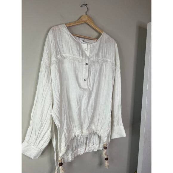NWT Just Bee Queen Thea Oyster Off White Long Sleeve 100% Linen Top Size: Large - Picture 3 of 7